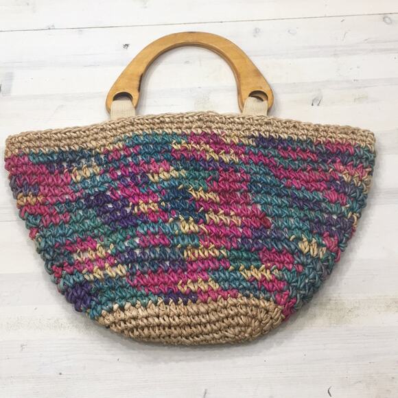 Handbags - Summer Beach Colorful wooden handles straw tote bag purse